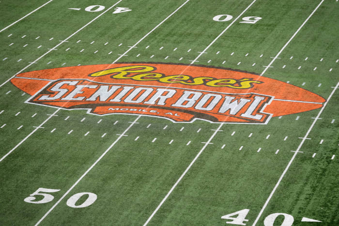 Jan 27, 2018; Mobile, AL, USA; General view of the Reese's center field logo during the 2018 Senior Bowl at Ladd-Peebles Stadium.
